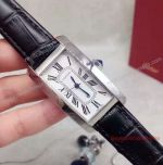 Fake Cartier Tank Americaine Watch 23mm Stainless Steel White Dial Black Leather Strap